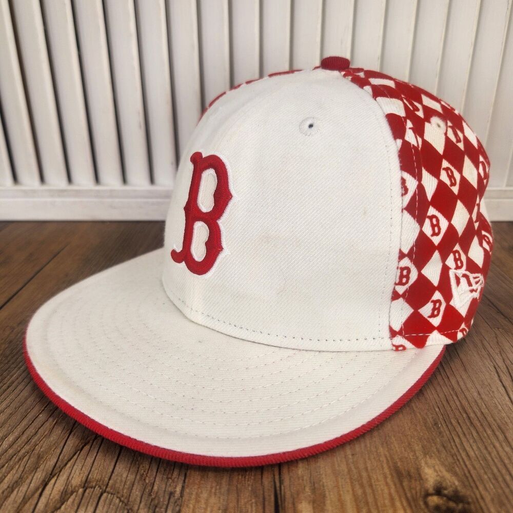 Boston Red Sox New Era 59fifty Fitted Sz 7 Hat Cap White Red Diamond Check Sport